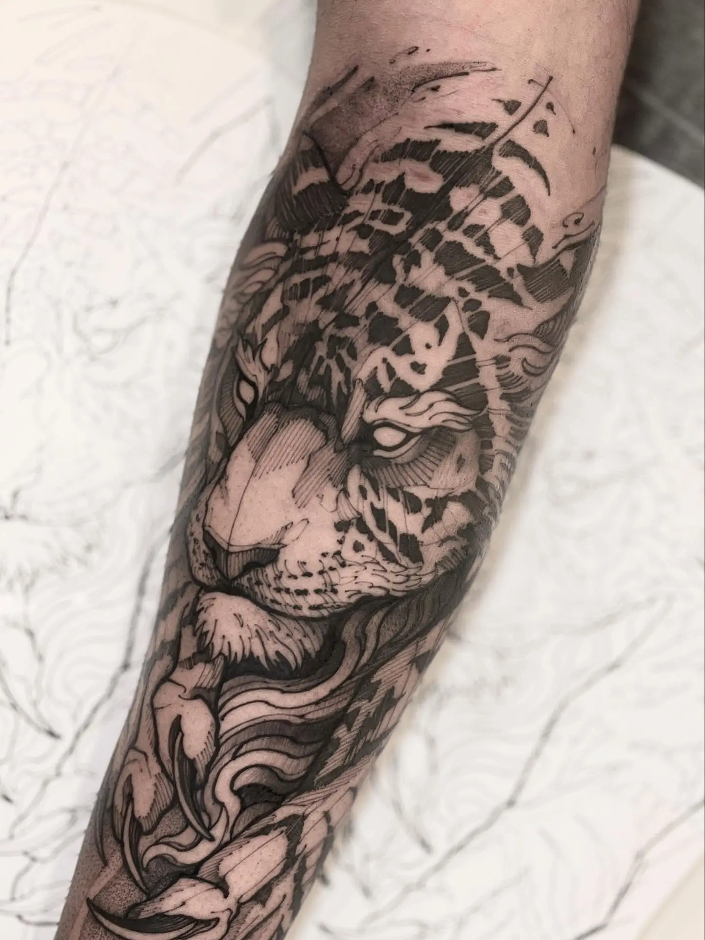 Tatuagem blackwork de tigre no antebraço com traços sketch e detalhes em sombreado, por Lukas Castro